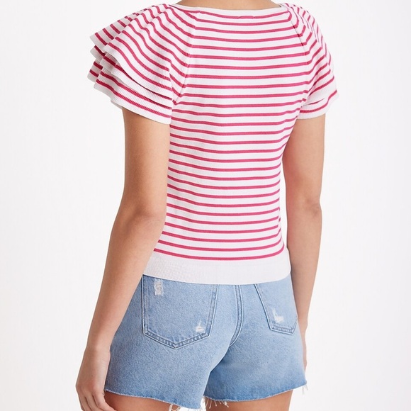 Express Pink and White Flutter Sleeve Fitted Tee - Picture 3 of 9